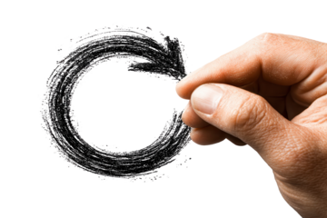 Black painted arrow circle indicating recycle, refresh, return or replay using a grunge or brush style on a transparent background