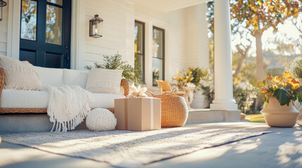 Cozy and inviting front porch with comfortable outdoor furniture, warm autumn sunlight, and festive decorations, creating welcoming home atmosphere.