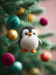 Obraz premium Cozy holiday charm A felt penguin ornament hangs on a Christmas tree, surrounded by colorful baubles. Perfect for seasonal designs, cards, and decorations.