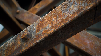 A close-up of rusted metal beams connected by a bolt, showcasing the textures and colors of corrosion. The beams intersect, creating a geometric pattern of decay and strength.