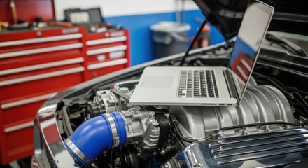 Mechanic uses laptop for diagnostic analysis on car engine in modern auto repair garage with tool chest and equipment