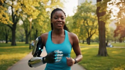 Young African American woman jogging with prosthetic arm in sunny park. Active disabled athlete embracing fitness and empowerment through outdoor run. Inspirational disability awareness footage. - Powered by Adobe