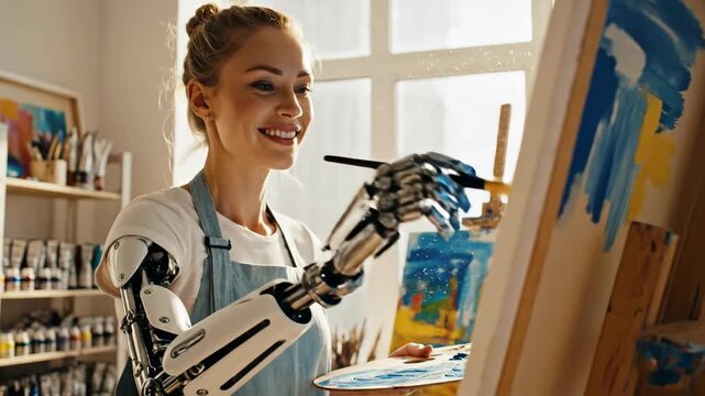 Young woman with prosthetic arm painting vibrant abstract art on canvas. Disabled female artist showcasing creativity and technology integration. Inspirational adaptive art process footage.