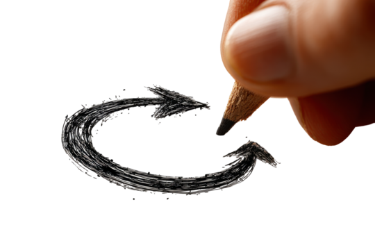 Black painted arrow circle indicating recycle, refresh, return or replay using a grunge or brush style on a transparent background