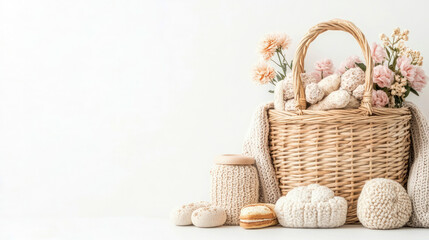 Fototapeta premium Elegant wicker basket overflowing with soft knitted textures, soothing bath items, and delicate pastel flowers, creating serene and cozy home decor scene