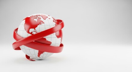 Globe with red continents and a red ribbon wrapped around it, global connection.