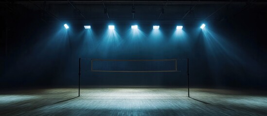 Volleyball net illuminated by spotlights on the court for competition