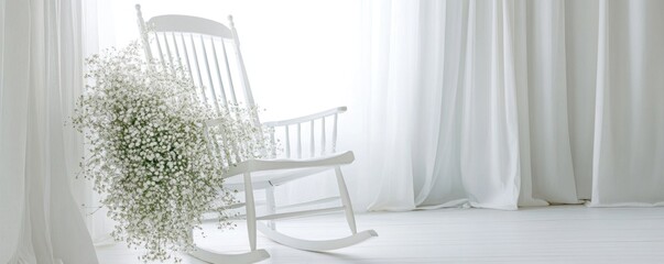 Elegant White Rocking Chair Adorned with Delicate Gypsophila Flowers