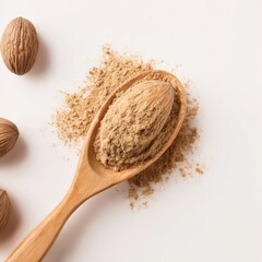 overhead view of nutmeg in spoon and loose dust on surface, raw spice setup, ultra realistic style, isolated on white background