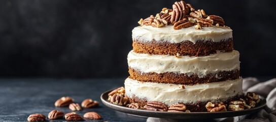 Delicious homemade pecan cake with creamy frosting and nut topping