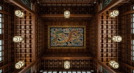 Ornate wooden ceiling with vibrant dragon motif and lanterns