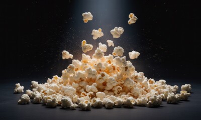 A large pile of popcorn bursts upwards in a dramatic display against a dark background