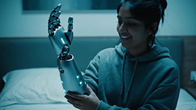 Young woman examining robotic prosthetic hand in bedroom. Cybernetic limb adaptation and interaction. Future technology innovation footage. - Powered by Adobe