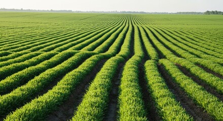 A vast field of young crops, rows extending to horizon