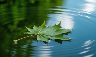 A vibrant green maple leaf floats gently on still water, creating ripples