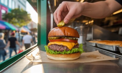 A hand places a dill pickle slice atop a gourmet burger on a food truck. Blurred urban backdrop