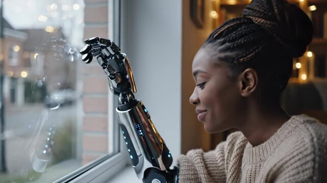 Young African American woman with robotic prosthetic arm reaches toward foggy window in reflective moment. She touches glass contemplatively then smiles warmly. Advanced limb technology in everyday