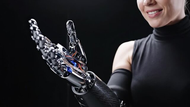Young white woman showcasing cybernetic prosthetic arm in studio light. Futuristic robotic hand with mechanical details and blue glow. Innovation in bionics and human augmentation footage.
