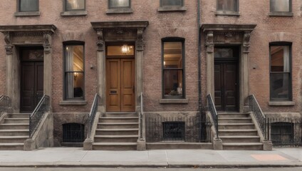 Brownstone Facade - Row of Historic Townhouses with Staircases and Doors.