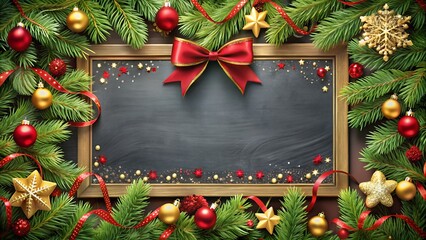 Christmas chalkboard frame with ornaments, lights, and a red bow, ideal for creating personalized holiday messages and festive designs