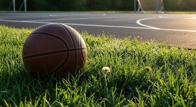 Basketball resting on grass near a basketball court during daytime. - Powered by Adobe