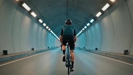 Male cyclist riding bike through illuminated tunnel in rear view. Cinematic urban biking footage capturing motion and depth in underground passageway. - Powered by Adobe