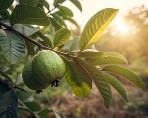 Fototapeta premium Realistic macro photo of guava fruit among green leaves