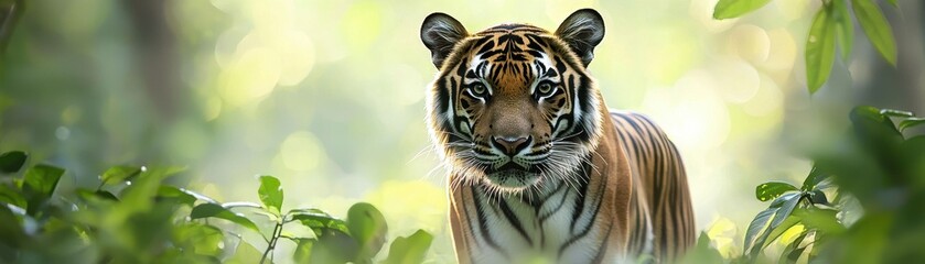 Fototapeta premium Close up view of a tiger's face and body with green foliage and bokeh lighting in the background