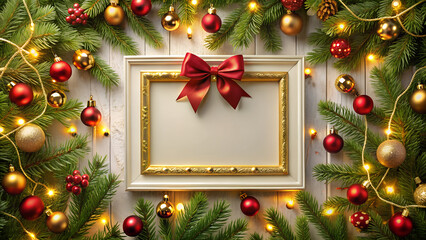 Festive christmas frame adorned with ornaments, lights, and a red bow, perfect for adding a touch of holiday cheer to your seasonal greetings isolated on transparent background