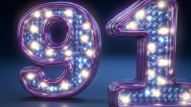 Shiny metallic numbers 91 with sparkling lights on dark background