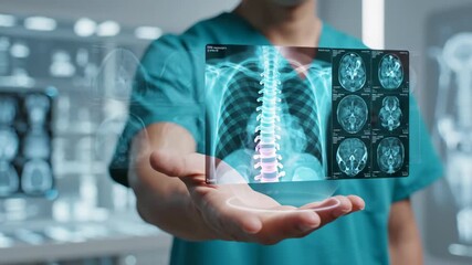 Man in medical scrubs interacting with holographic scans. Doctor manipulating digital brain spine and lung x-rays in augmented reality. Futuristic healthcare diagnostics and virtual anatomy - Powered by Adobe