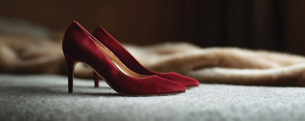 Elegant red highheeled shoes on a soft, neutral background. Symbol of style, fashion, and glamour. Perfect for illustrating luxury, special occasions, or confidence.