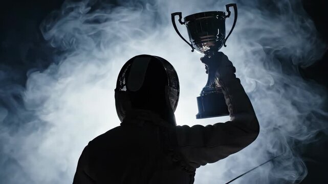 Silhouette of fencer standing and raising trophy victoriously. Dramatic smoke background highlights athlete achievement. Fencing sports celebration footage