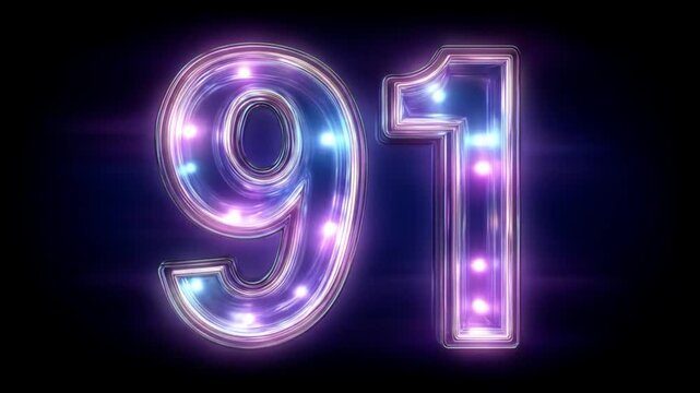 Glowing number 91 on black background with light effects