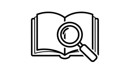 Open book with magnifying glass outline graphic, isolated on a white or transparent background, cutout, PNG