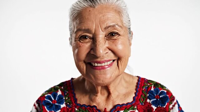 Smiling Elderly Woman in Traditional Embroidered Blouse on White Background.