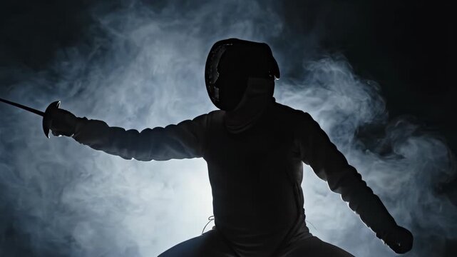 Silhouette fencer transitioning from standing to lunging pose with foil extended. Dramatic sports action in misty atmosphere. Fencing silhouette footage for dynamic athletic visualization.