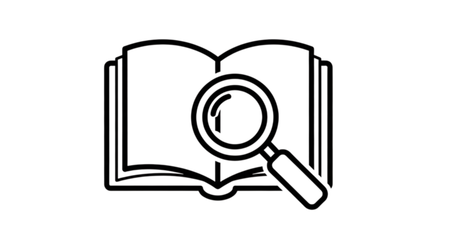 Open book with magnifying glass outline graphic, isolated on a white or transparent background, cutout, PNG
