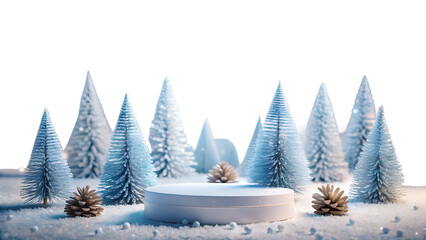 Enchanting winter wonderland scene featuring miniature snowy christmas trees and pinecones, set against a pristine transparent background, perfect for holiday displays