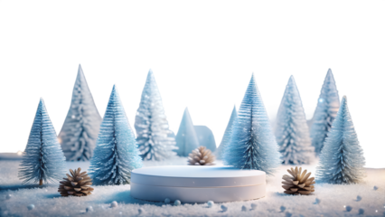 Enchanting winter wonderland scene featuring miniature snowy christmas trees and pinecones, set against a pristine transparent background, perfect for holiday displays