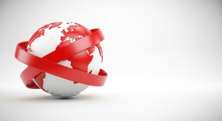 Red and white globe with ribbon. Global business, travel, and protection concept.