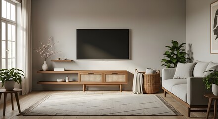 A serene, Japandi-inspired living room where a wall-mounted TV and a dark wood console with a rattan front are accented by a floating shelf and a wicker basket, all bathed in soft morning light.