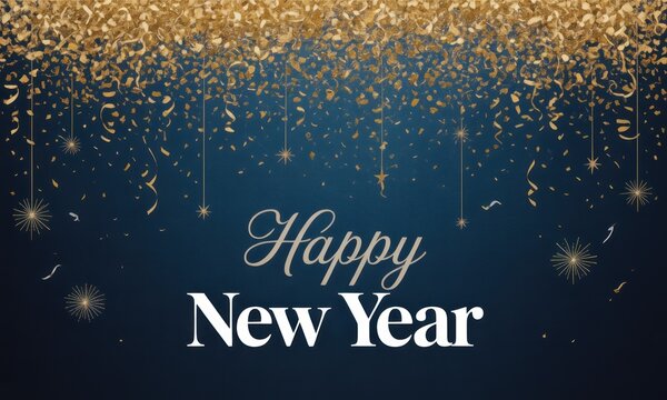 Gold confetti and streamers cascade over a navy blue background, with the words "Happy New Year" centered in white - Powered by Adobe