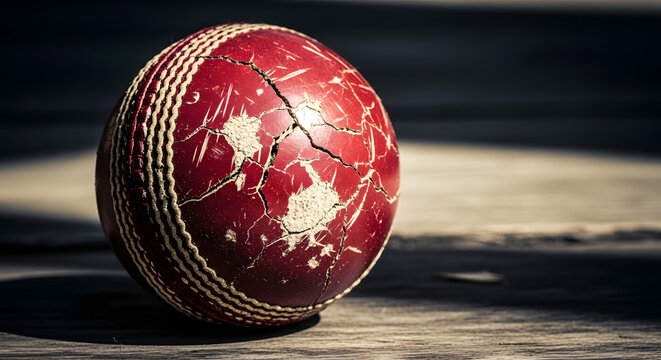 Close up of a worn red cricket ball with visible stitching