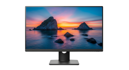 Modern computer monitor displaying a vibrant ocean sunset with rocky islands, isolated on a white or transparent background, cutout, PNG