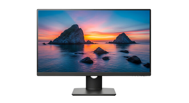 Modern computer monitor displaying a vibrant ocean sunset with rocky islands, isolated on a white or transparent background, cutout, PNG