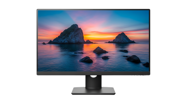 Modern computer monitor displaying a vibrant ocean sunset with rocky islands, isolated on a white or transparent background, cutout, PNG