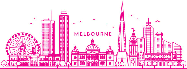 Naklejka premium Melbourne Skyline Sketch with Cultural Landmarks — Hand-Drawn Cityscape Art for Tourism, Travel Poster and Souvenir Design