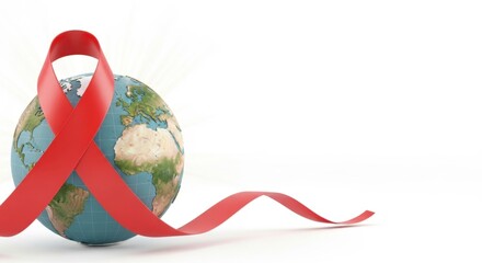 World aids day awareness concept with red ribbon around a globe. Global solidarity.