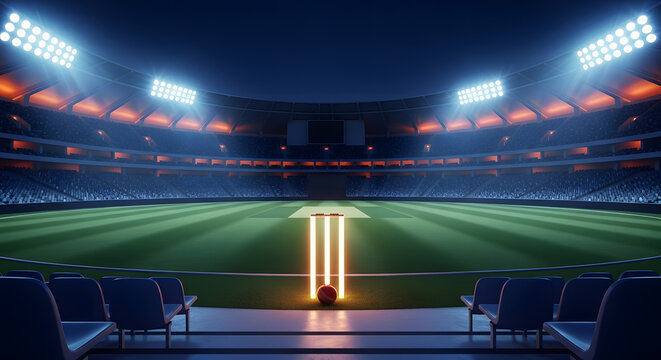 Illuminated cricket stadium at night with wickets ready for play - Powered by Adobe